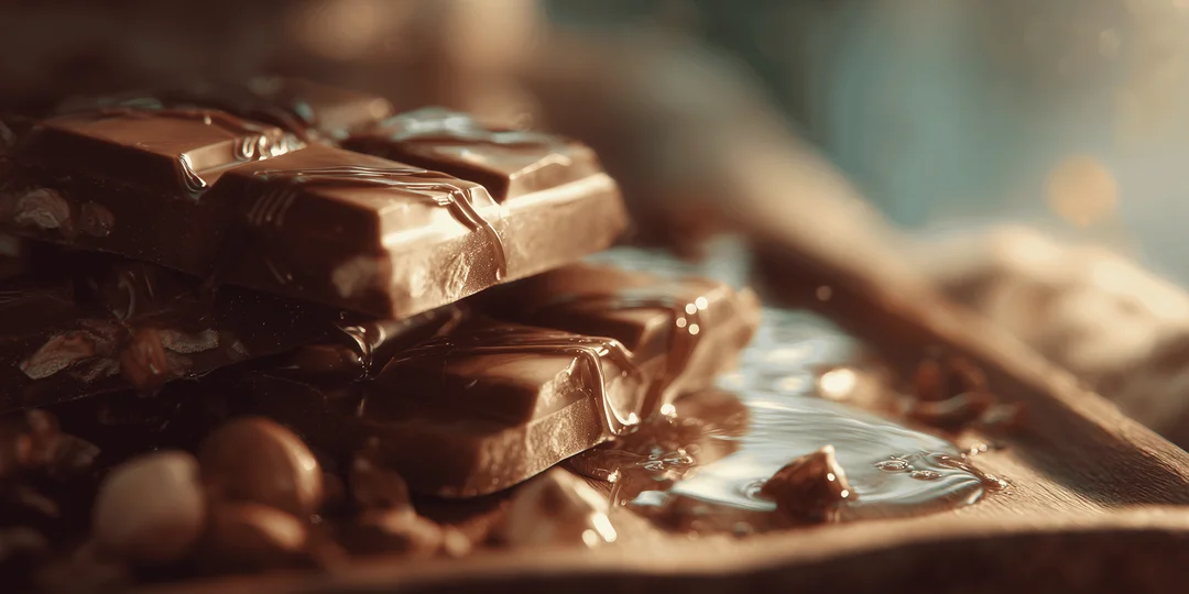 Image showcasing different types of chocolate bars and cacao beans.